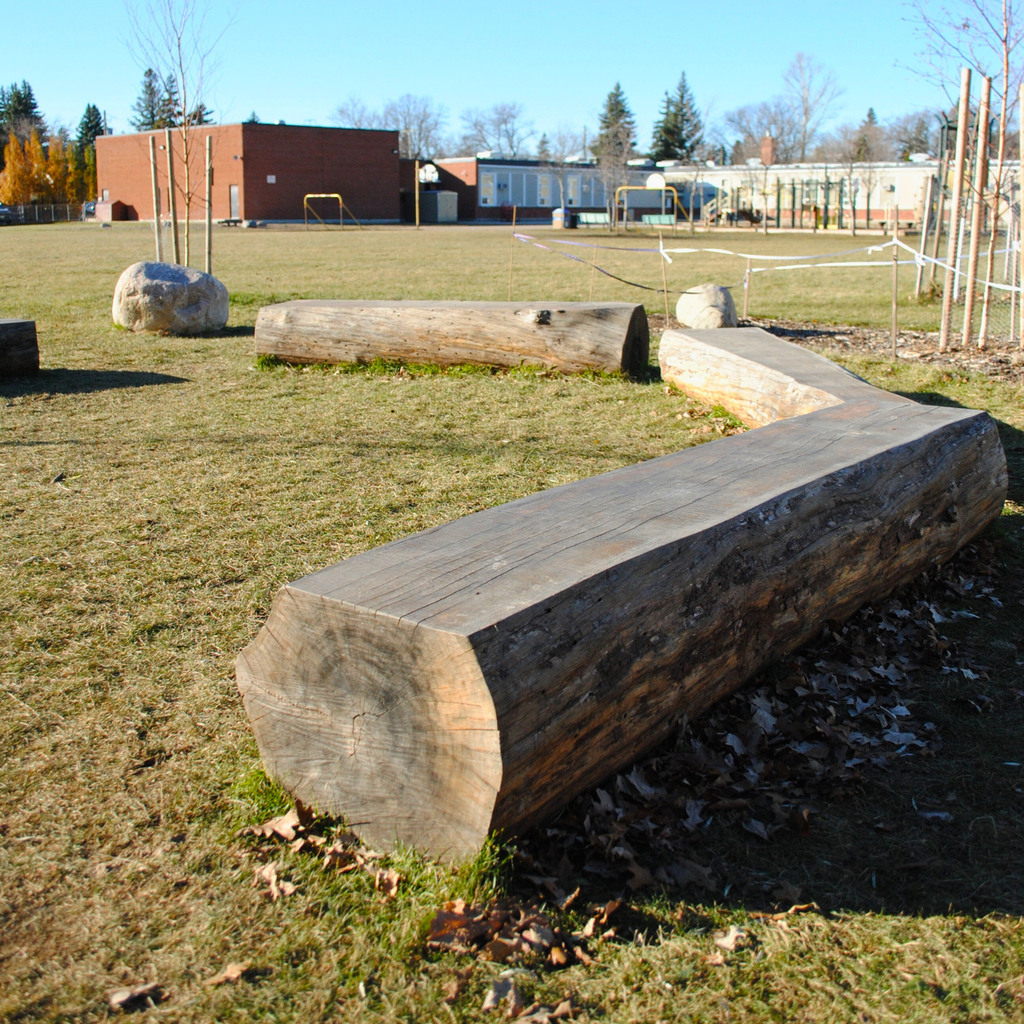 a bench bench sitting in a school yard