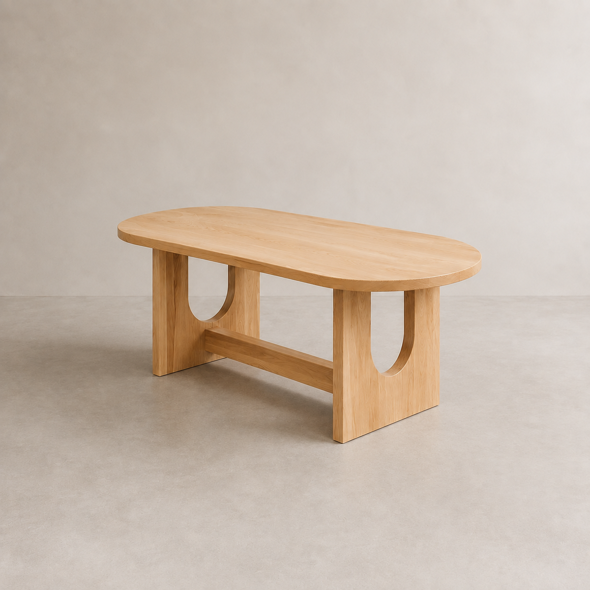 Alaina solid Winnipeg elm dining table with pill-shaped top and wood U-leg base