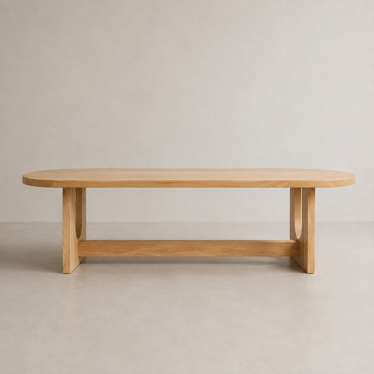 A minimalist light elm wood dining table with a rounded rectangular top, integrated legs, and a lower support rail, set against a neutral beige studio background.