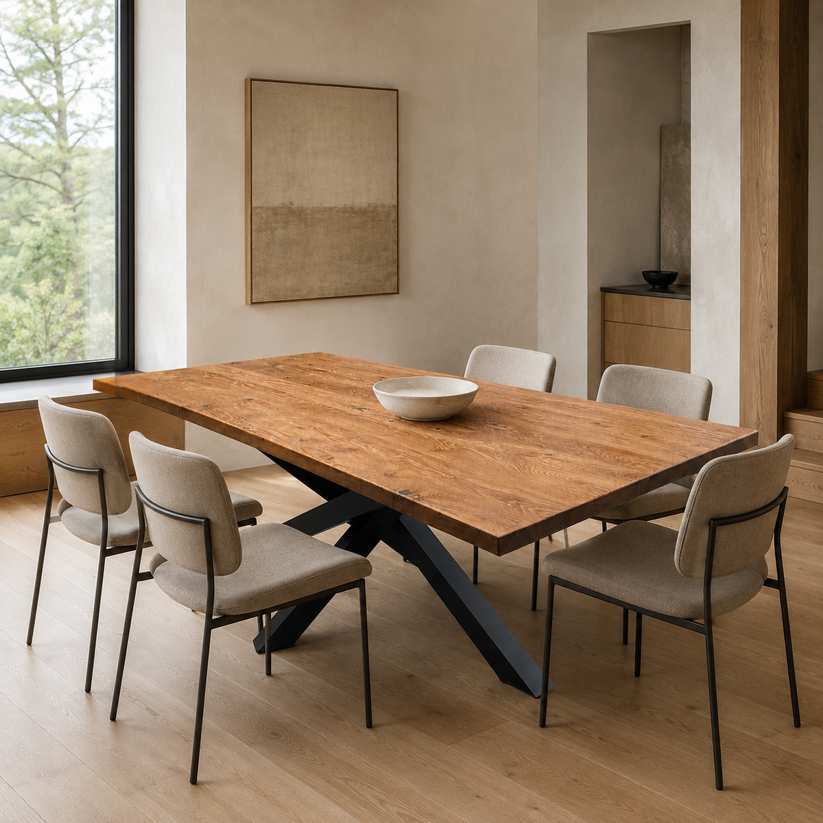 A rectangular wooden dining table with a black metal X-base and six upholstered dining chairs in a modern, sunlit room with light wood floors and neutral walls.