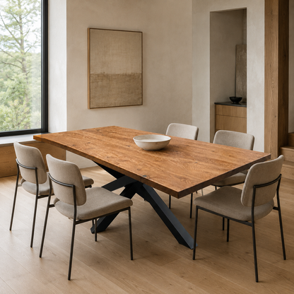A rectangular wooden dining table with a black metal X-base and six upholstered dining chairs in a modern, sunlit room with light wood floors and neutral walls.