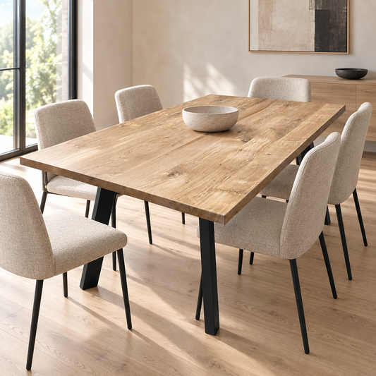 Stance solid Winnipeg white oak dining table with four angled black steel legs