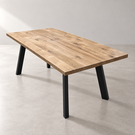 Stance solid Winnipeg white oak dining table with four angled black steel legs