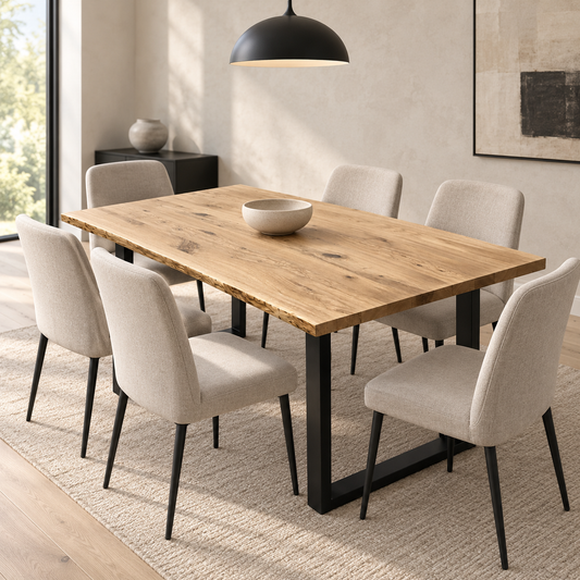 Urban live-edge Winnipeg white oak dining table with black steel U-shaped legs