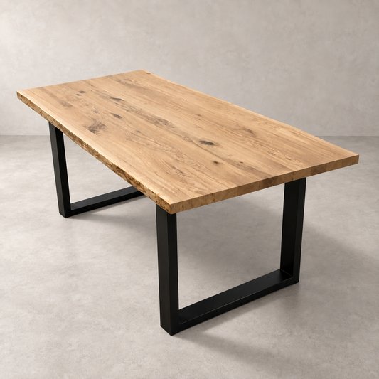 Urban live-edge Winnipeg white oak dining table with black steel U-shaped legs