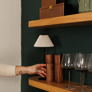 Wooden shelf with decorative items including a hand reaching for a small lamp.