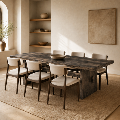 A rustic dark wood dining table with six upholstered chairs in a warm, modern minimalist dining room setting.