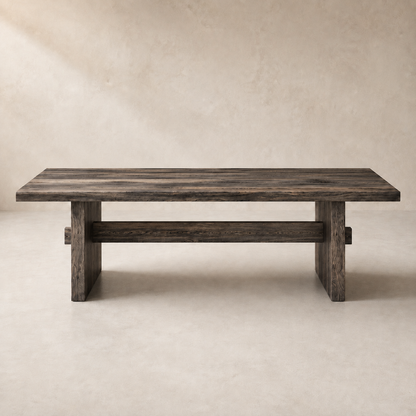A rustic dark wood dining table with a thick rectangular top and block legs, shown against a neutral textured beige background.