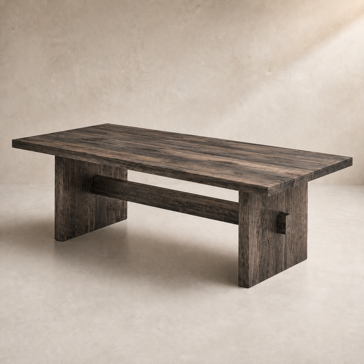 A rustic rectangular wooden table with a dark finish and a thick central support beam, shown in a minimalist studio setting with a textured beige background.