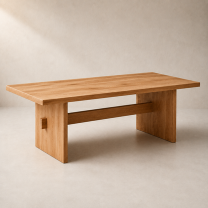 A minimalist wooden coffee table with a natural elm finish, featuring a thick rectangular tabletop, a central support beam, and a small square cutout detail on the side leg, set against a warm beige textured background.