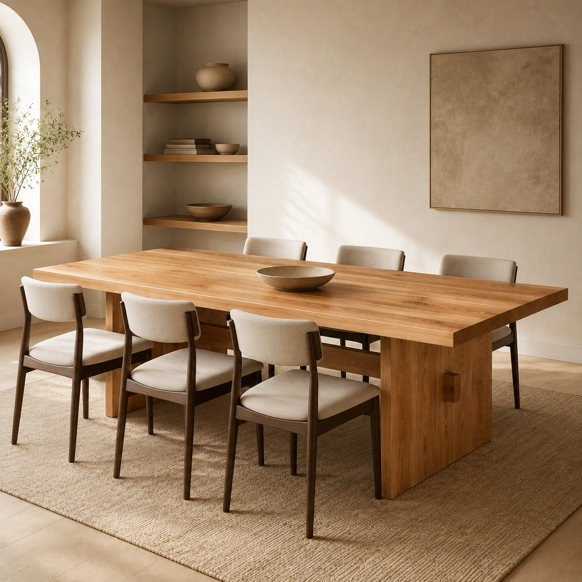 A rectangular wooden dining table with a warm elm-toned top and block base, surrounded by six upholstered dining chairs with cream fabric and dark wood frames, set on a woven rug in a softly lit interior room.