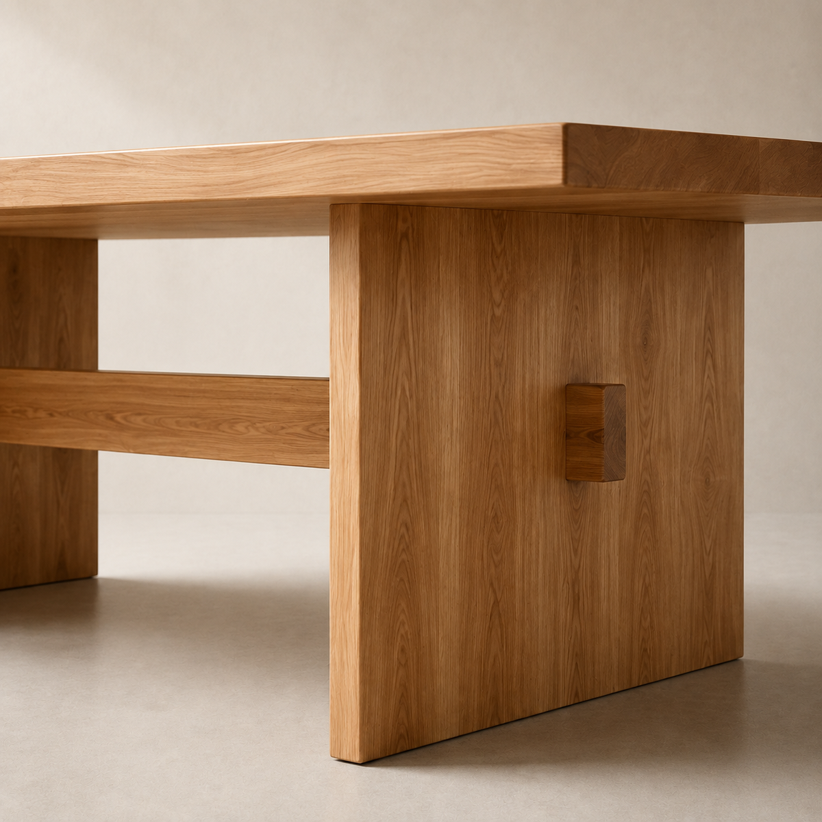 A close-up of a modern wooden dining table with a thick rectangular top, blocky pedestal legs, and a horizontal stretcher bar. The table is crafted from warm medium-brown wood with a visible knot detail on the front leg, set against a neutral beige background.