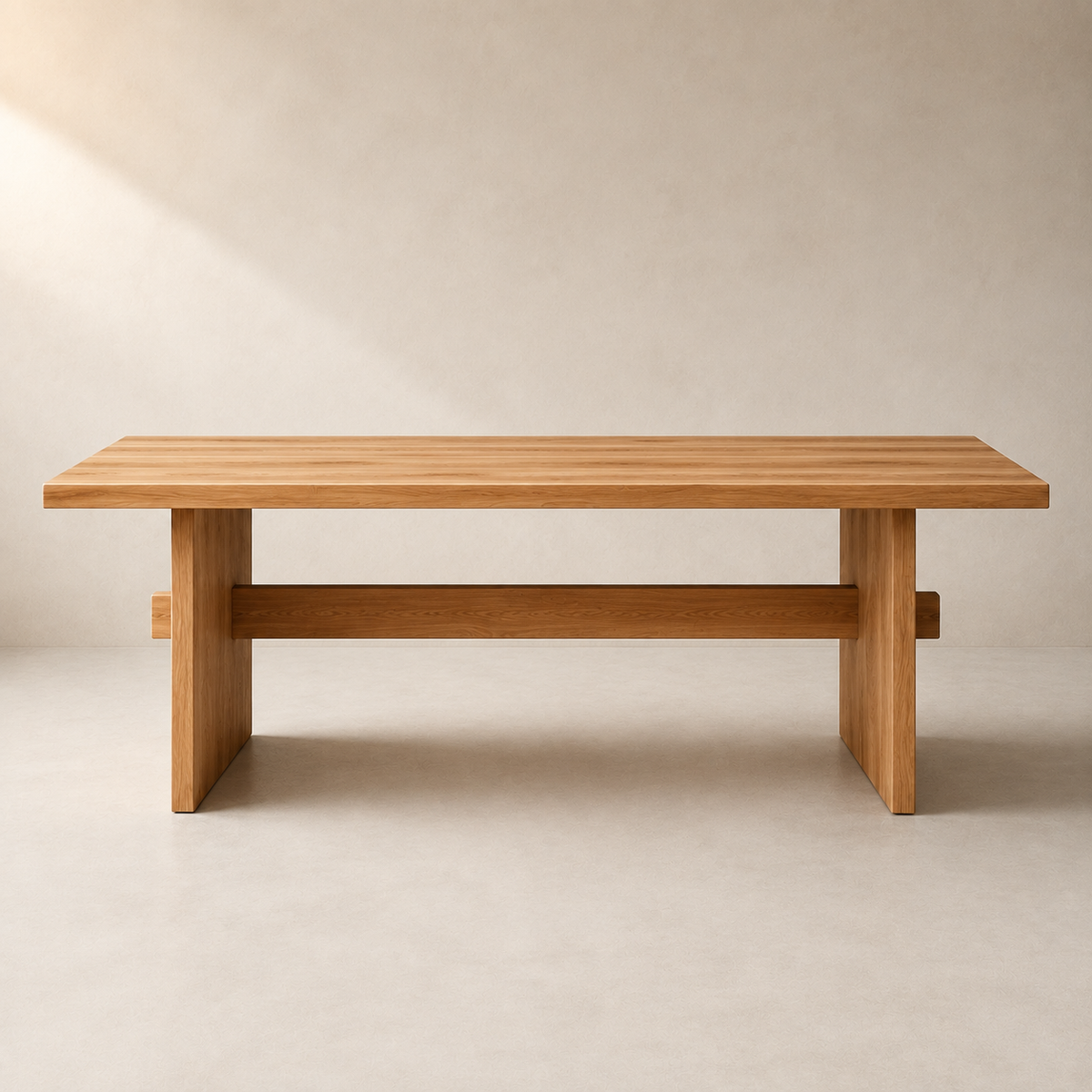 A minimalist wooden dining table with a warm natural elm finish, featuring a thick rectangular top, blocky legs, and a central horizontal stretcher bar, set against a neutral beige background.