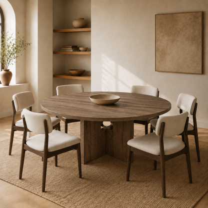 A round wooden dining table with a pedestal base surrounded by six upholstered dining chairs in a warm, modern dining room setting.