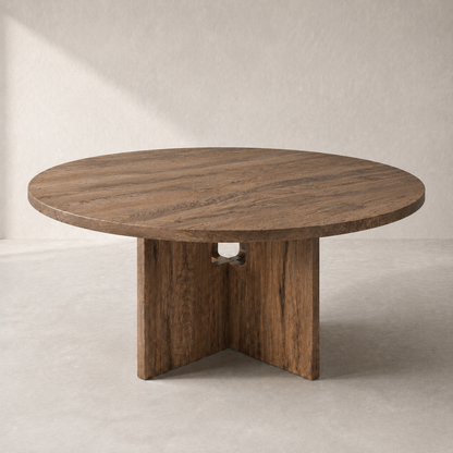 A round wooden dining table with a thick, sturdy pedestal base and a central cutout detail, shown in a minimalist studio setting.