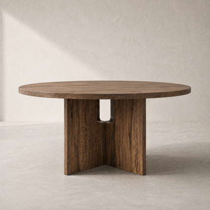 A round wooden dining table with a thick, textured dark brown wood top and a unique triangular pedestal base featuring a central cutout, set against a minimalist beige textured wall and concrete floor.