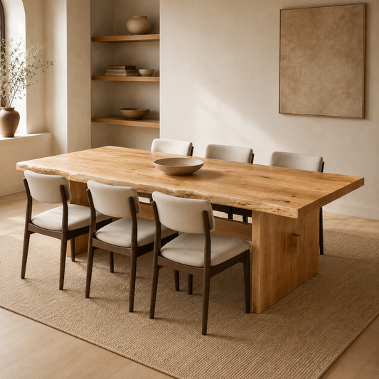 A large rectangular wooden dining table with a live-edge natural elm top and a thick block base, surrounded by six upholstered dining chairs with dark wood frames and cream fabric seats. The dining set is staged in a warm, modern dining room with a woven jute rug, built-in shelves, and soft natural light.