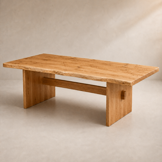 A rectangular wooden table with a live edge, natural grain, and block-style legs, photographed in a minimalist studio setting with a warm beige background.