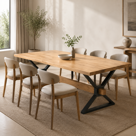 A modern dining room setup featuring a rectangular light oak wood table with a black metal X-frame base, surrounded by six upholstered dining chairs with light beige fabric and natural wood legs, set on a woven jute rug.