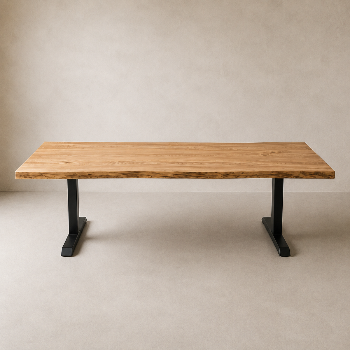 A rectangular wooden table with a live-edge natural elm top and black metal pedestal legs, shown against a neutral textured beige studio background.