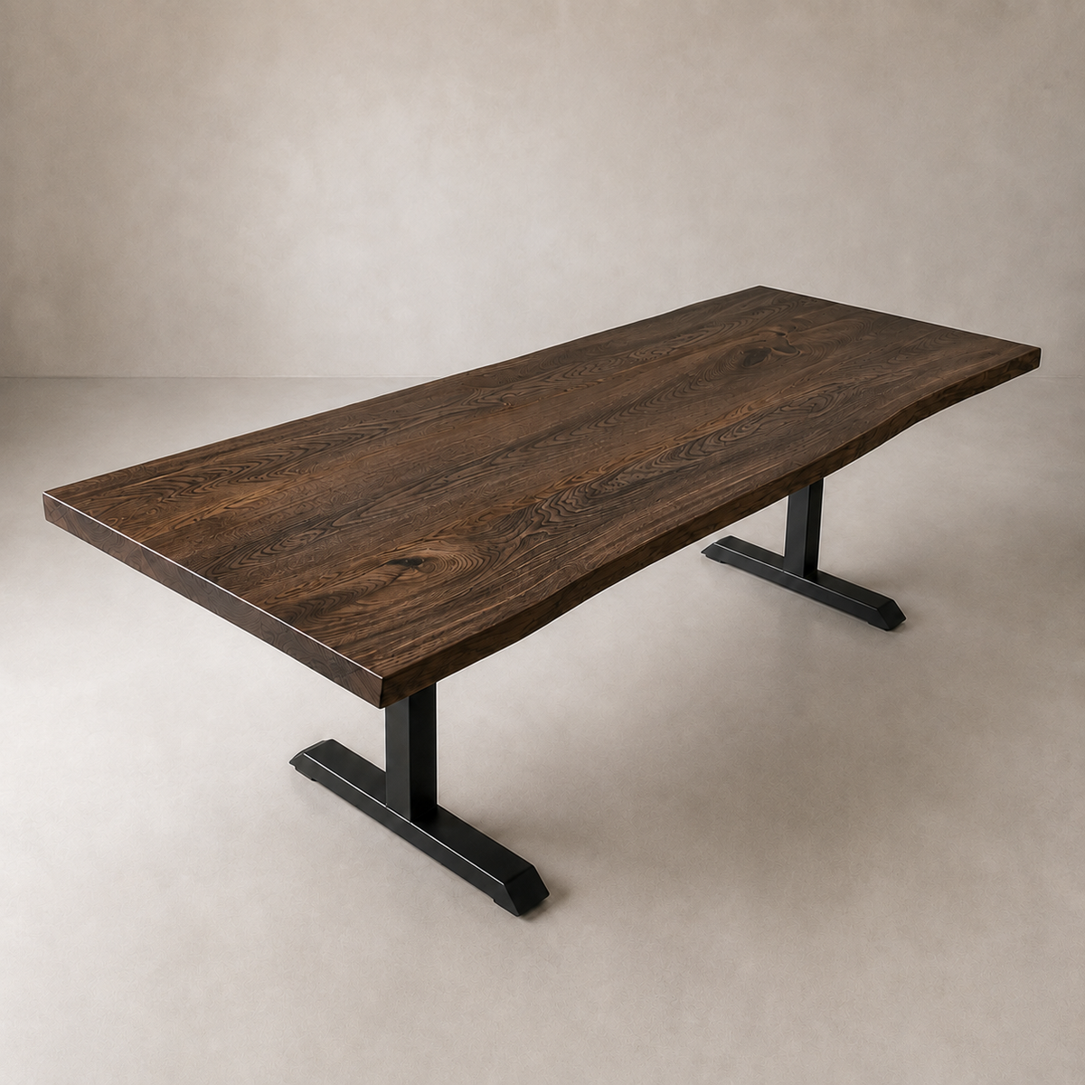 A live-edge wooden dining table with a dark brown wood grain top and black metal T-style legs, shown on a neutral beige studio background.