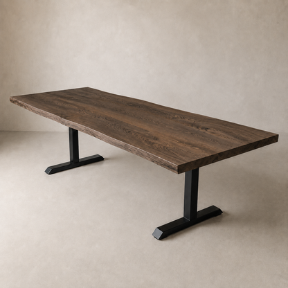 A live-edge wooden dining table with a dark brown wood top and black metal T-style legs, shown in a studio setting with a textured beige background.