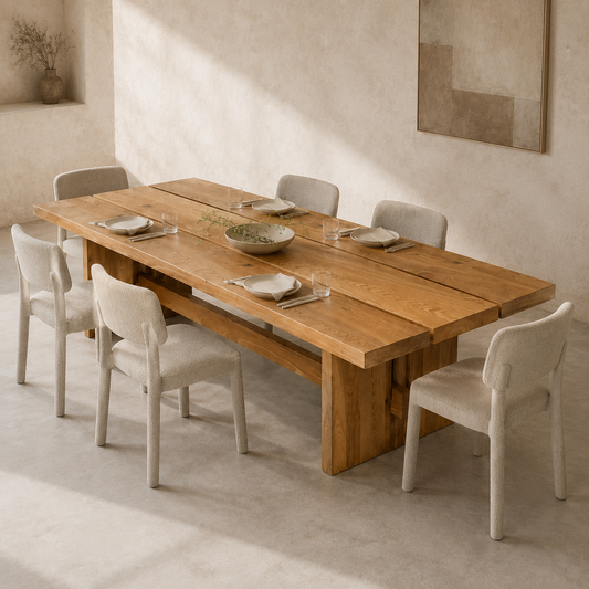 A rustic wooden dining table with six upholstered chairs in a warm, minimalist dining room setting with textured plaster walls and floor.
