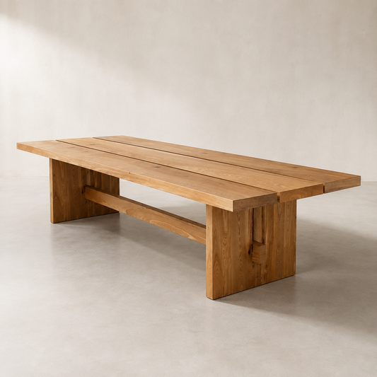 A rectangular wooden dining table with a slatted top and block-style legs, shown in a minimalist studio setting with a warm beige wall and concrete floor.