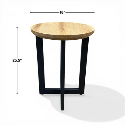 Urban Lumber round reclaimed wood nesting accent table with black metal legs, 18" W x 23.5" H